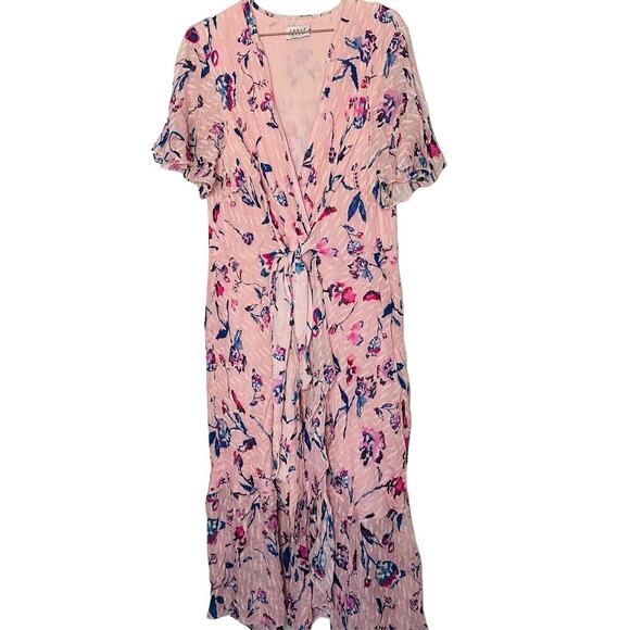 TANYA TAYLOR Pink Floral Silk Wrap Short Sleeve Ruffle V-Neck Midi Dress Size 20 - Picture 2 of 14